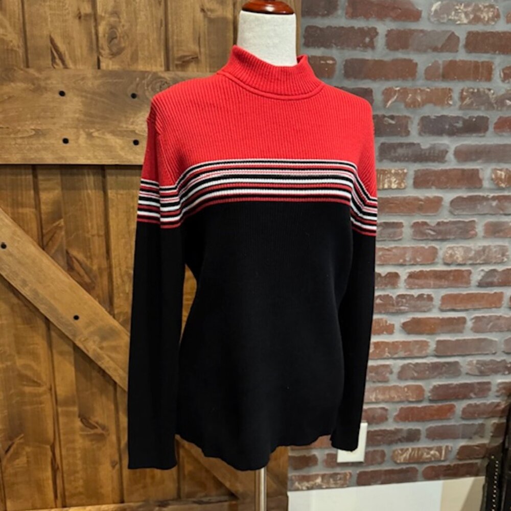 Appleseed’s Women’s XL Mock Neck Ribbed Sweater – Red & Black Stripe – Classic